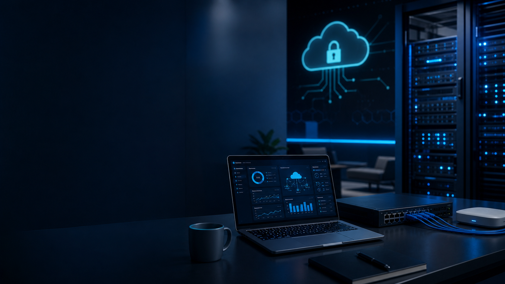 Dark blue IT operations workspace with server racks, network hardware, and secure cloud visuals