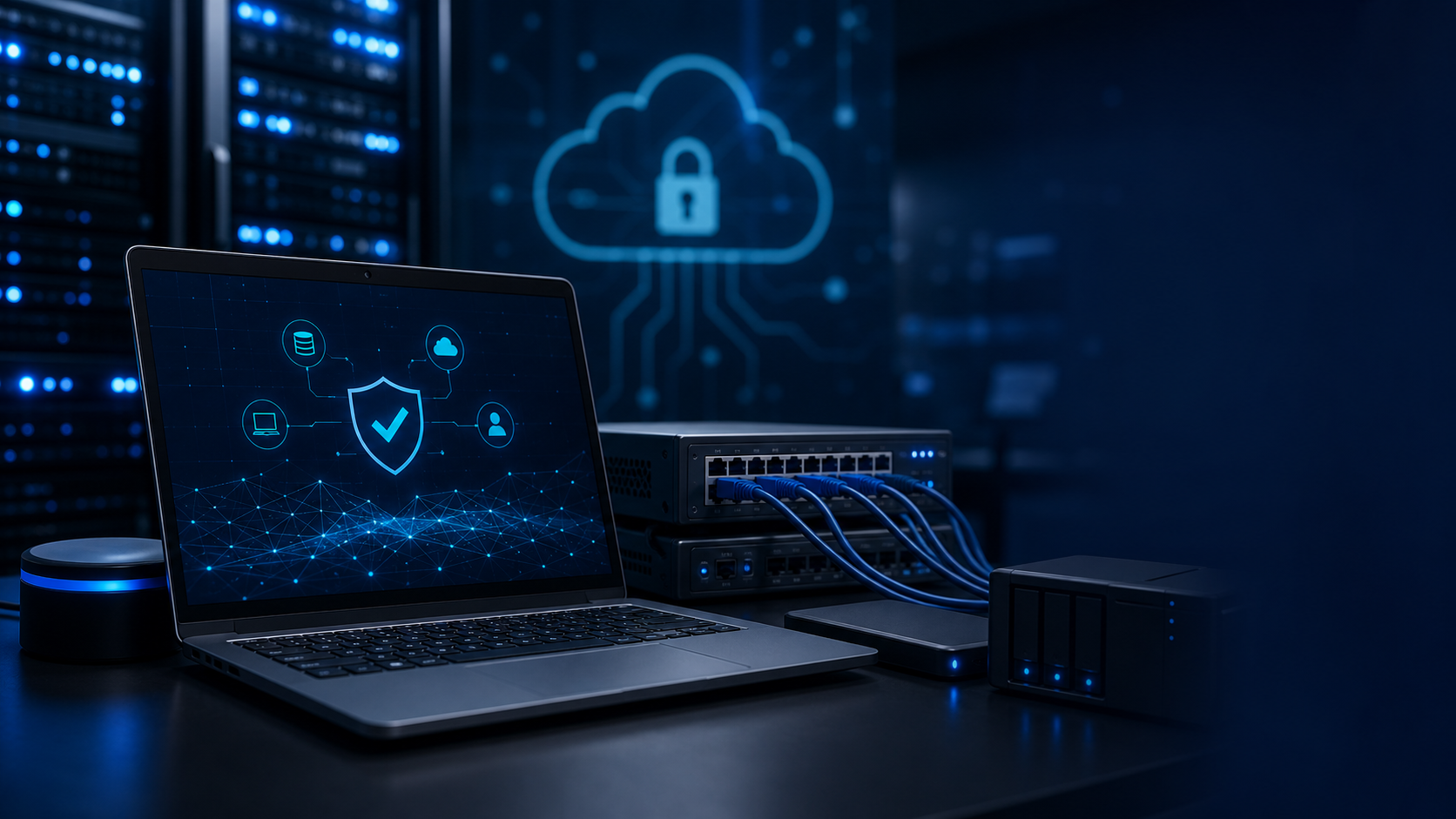Business IT workbench with laptop, network switch, backup storage, and secure cloud visuals